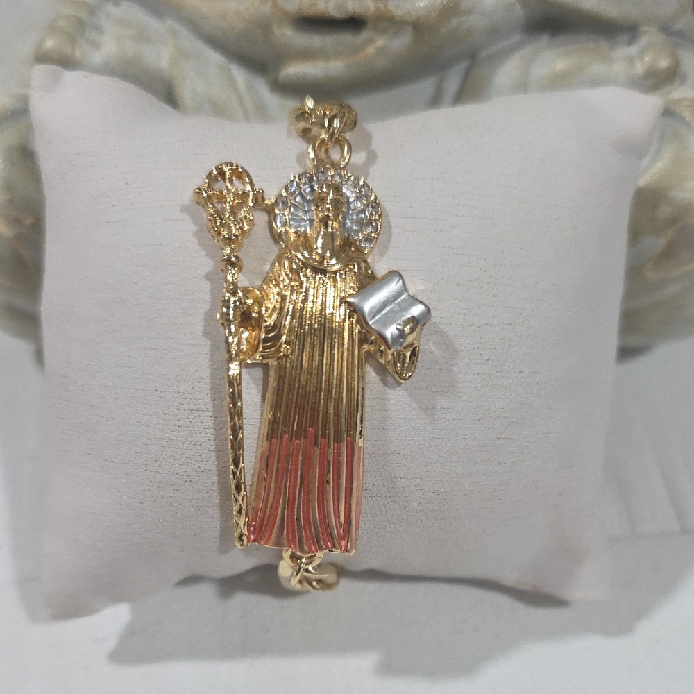 14k Gold Plated Pink Religious Bracelet On A Thick Cuban Chain